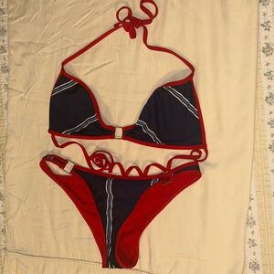 Tavik S bikini set: red, navy + stripes. Tie no padding top with metal hardware